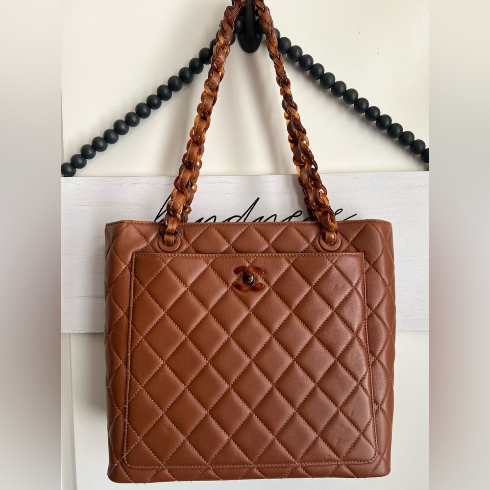 CHANEL Tortoise Chain Quilted Leather Tote Vintage Bag Camel Brown Purse Karl